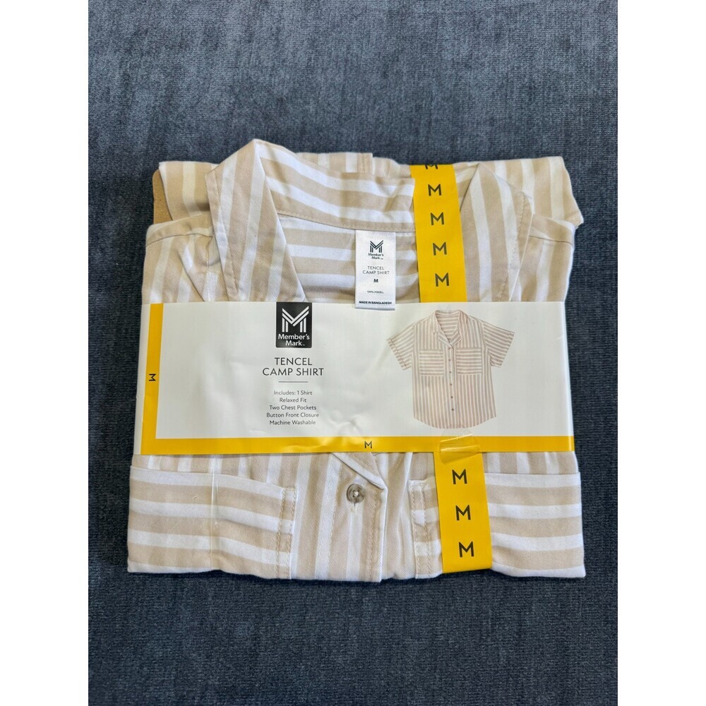 NWT Member's Mark Tencel Camp Collar Shirt Women's Medium Cream Striped Classic